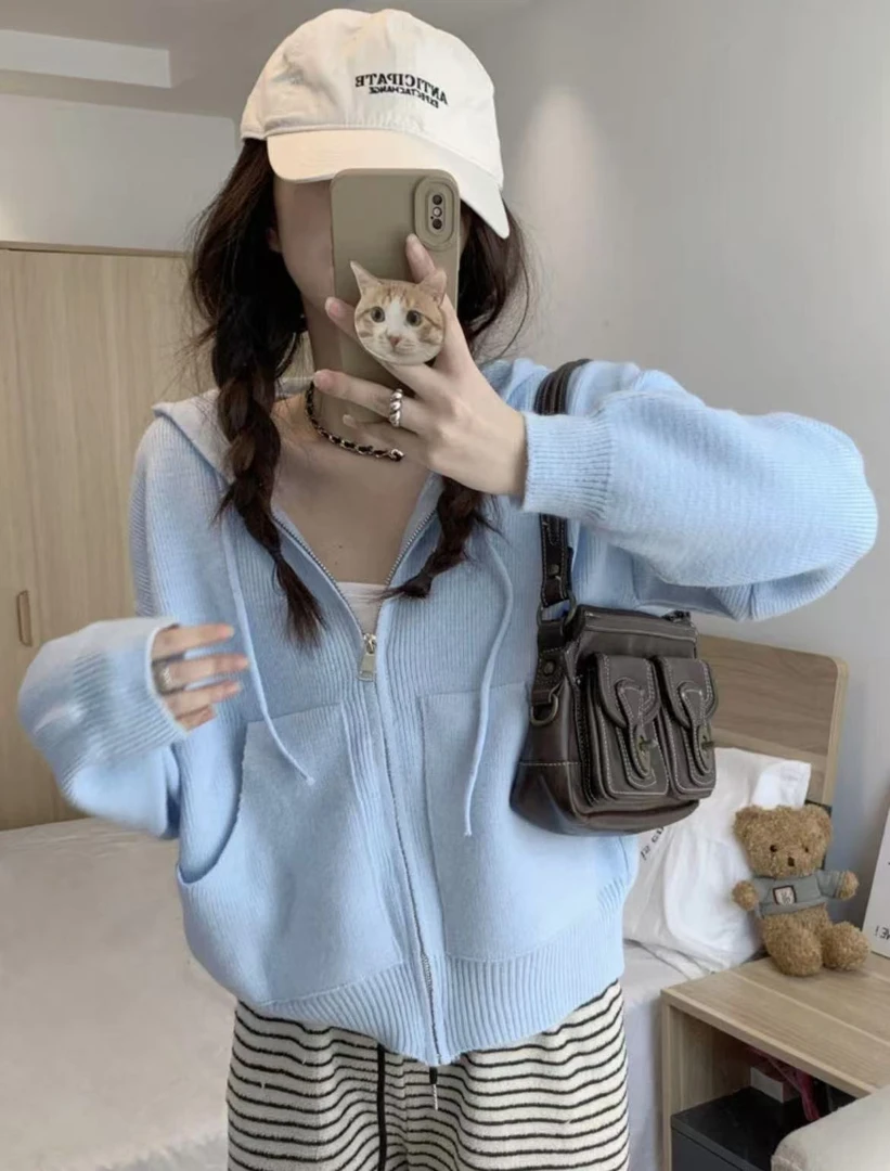 029温柔风连帽开衫外套女秋季外搭慵懒宽松针织衫上衣