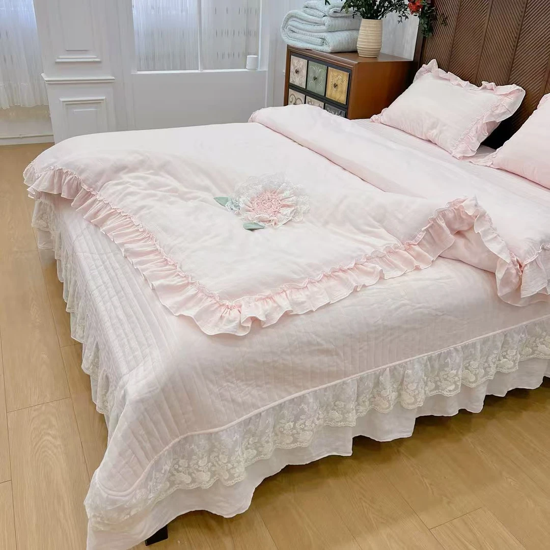 舒芙蕾  A类全棉色织提花双层纱高端全棉超软糯夹棉床盖花边套件