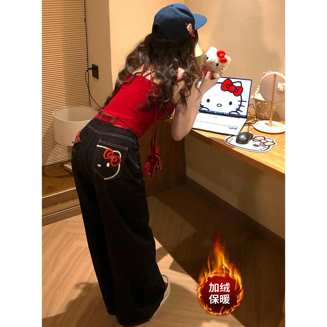 韩版kitty猫刺绣牛仔裤女秋冬2025新款小众设计感高腰直筒阔腿裤