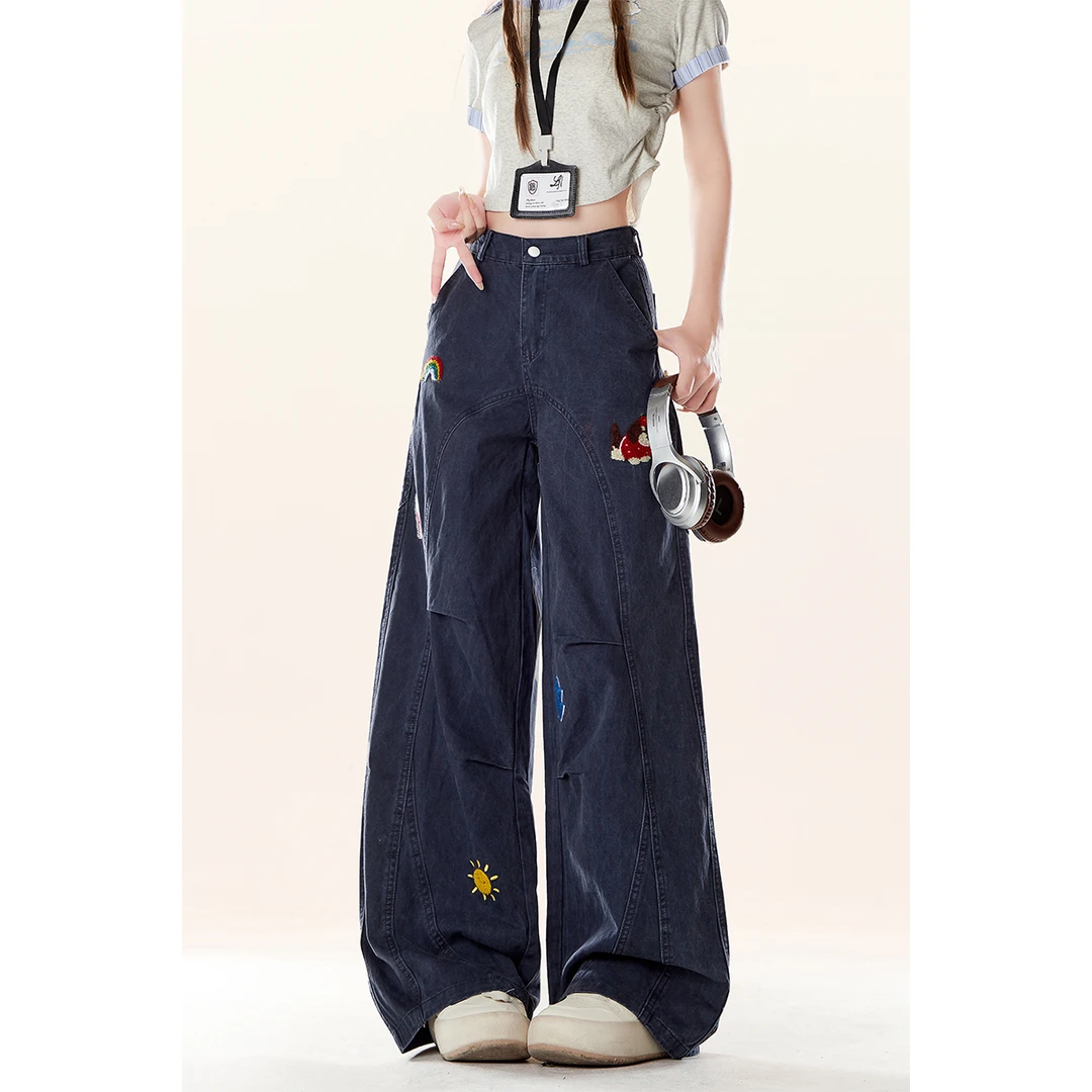 自然涩牛仔裤阔腿裤高腰长裤宽松onlpp 裤子背带裤休闲裤子夏季