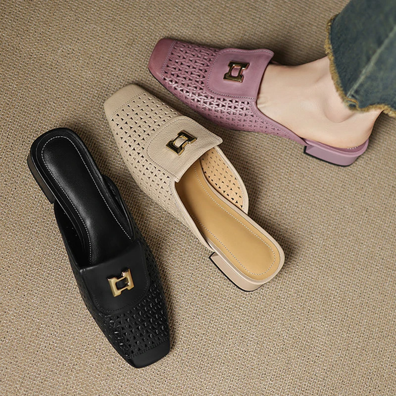 牛皮3cm真皮百搭轻奢凉拖鞋子粗跟法式镂空方头包头拖鞋女鞋外穿