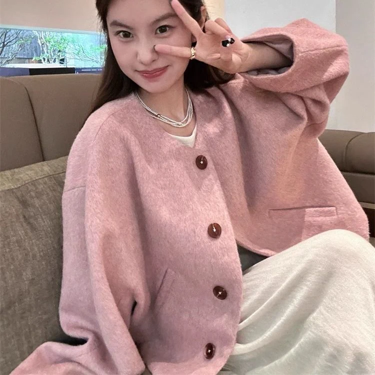 【退换包运费】粉色圆领外套羊毛春季小香风气质高级减龄上衣YY456