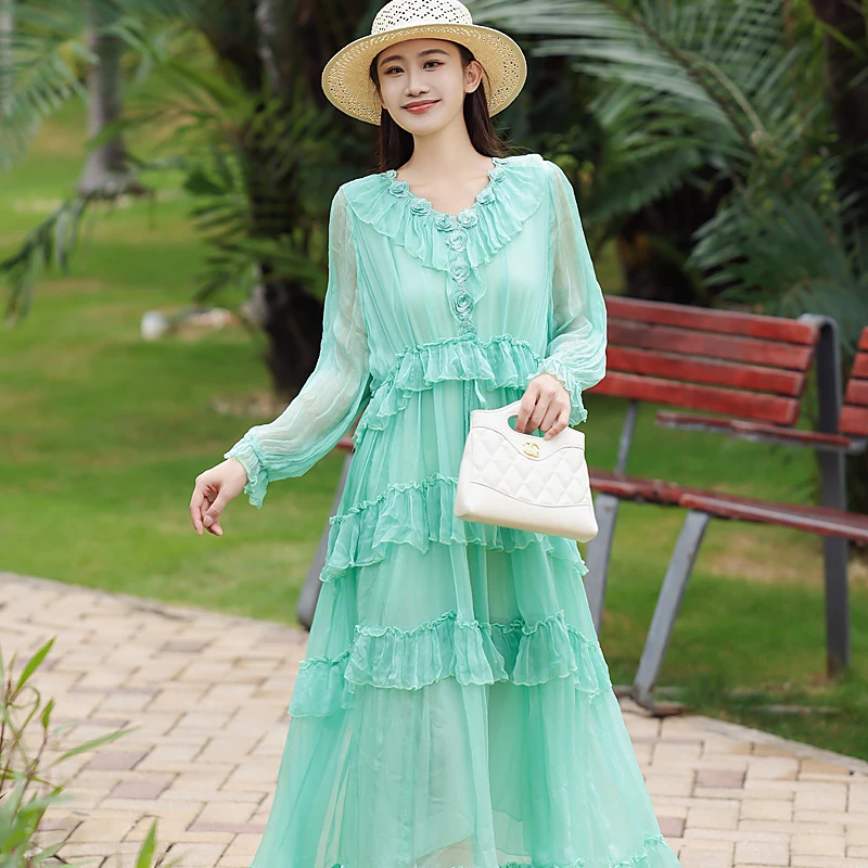 拜占庭的森林百搭纯色气质显瘦女士宽松简约时尚桑蚕丝蛋糕连衣裙