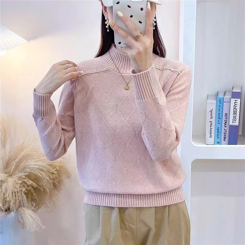 【菱形钉珠粉】半高领厚毛衣女针织衫秋冬时尚打底衫长袖针织衫