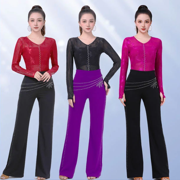 三步踩上衣新款网纱带内衬提花拉丁舞汉舞伦巴团体广场舞衣舞蹈服