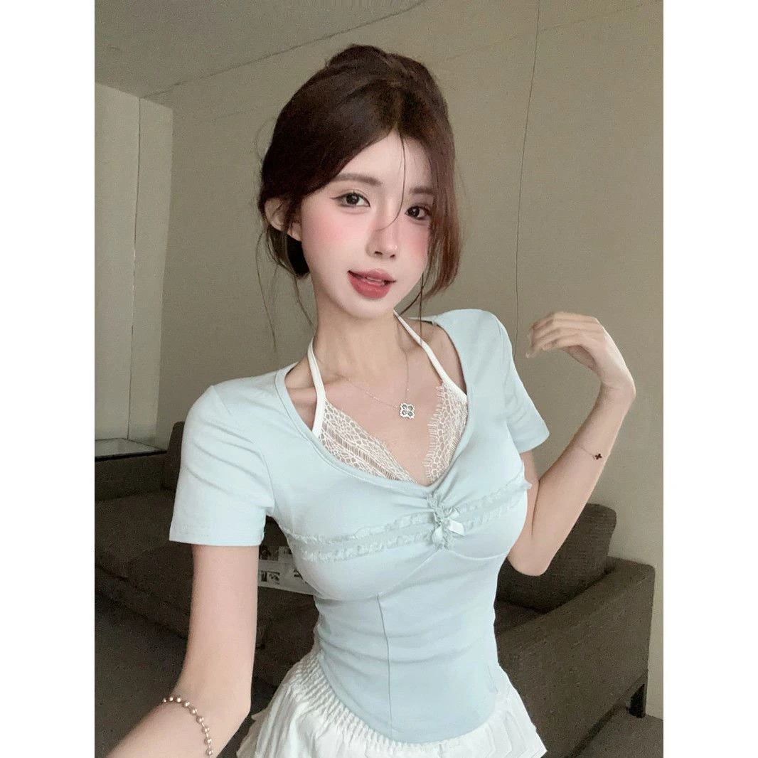 夏季短袖t恤女蕾丝鱼骨纯欲甜辣妹修身显瘦短款挂脖别致绝美上衣