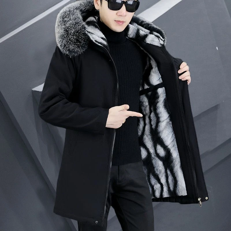 潮牌轻奢冬季毛领外套男潮流大码棉服中长款加绒夹学生连帽男外套