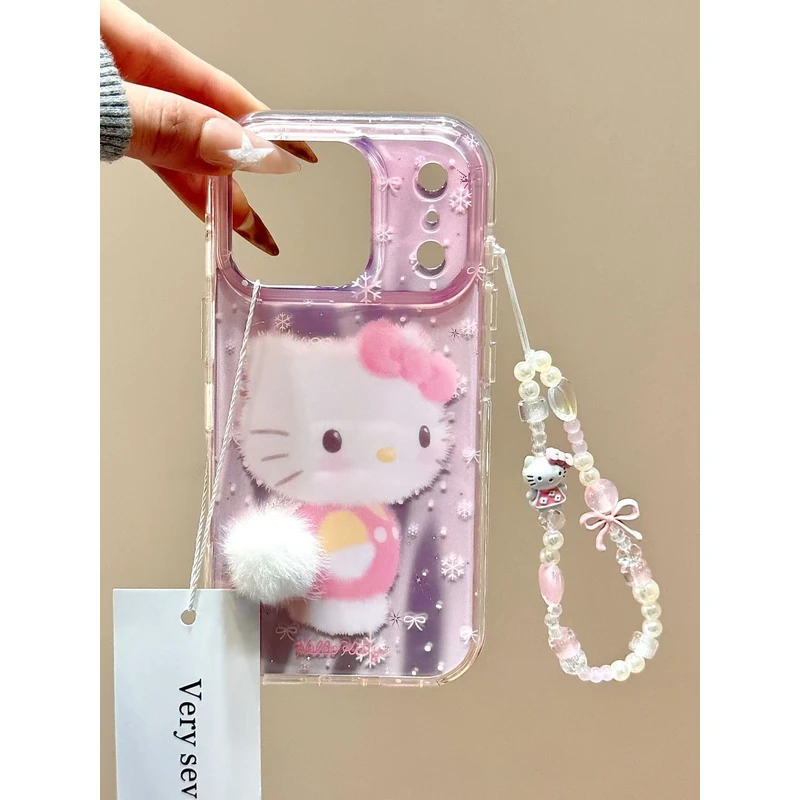 少女粉底雪花猫咪立体毛球链条适用苹果17promax手机壳15iphone16