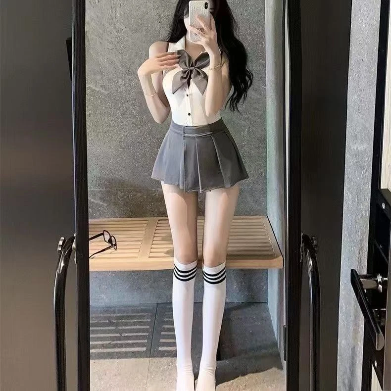 网红甜美诱惑纯欲风制服辣妹连体衣学院超短百褶裙情侣战袍纯欲