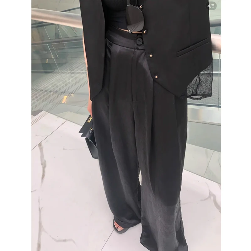 缎面垂感阔腿裤女2025新款夏薄款高腰显瘦设计光泽感显瘦西装裤子