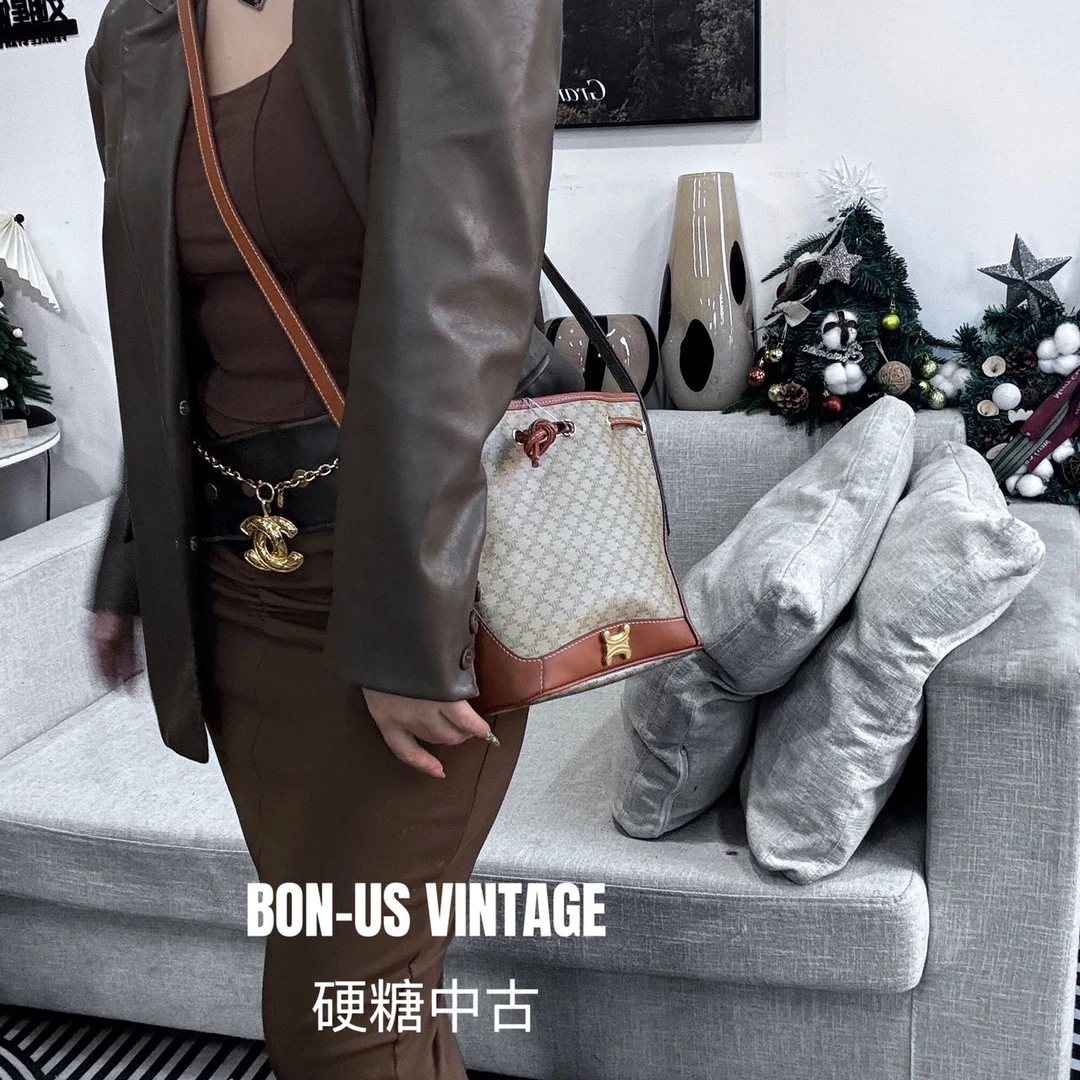 95新 Celine/思琳 617877/金骨头抽绳水桶配皮换新