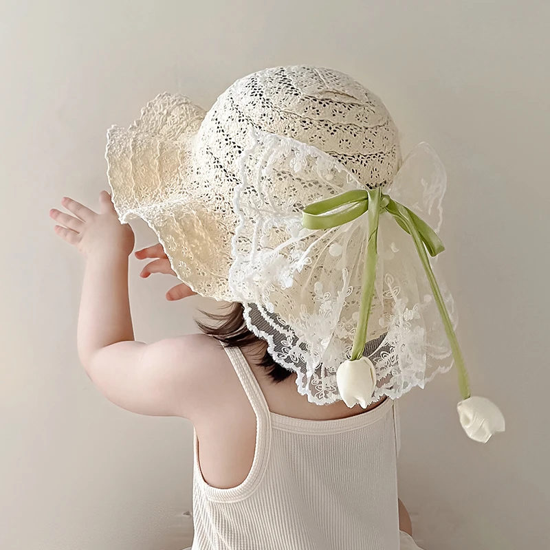 夏季女童草帽儿童遮阳帽子蕾丝蝴蝶结女宝宝沙滩小女孩太阳帽