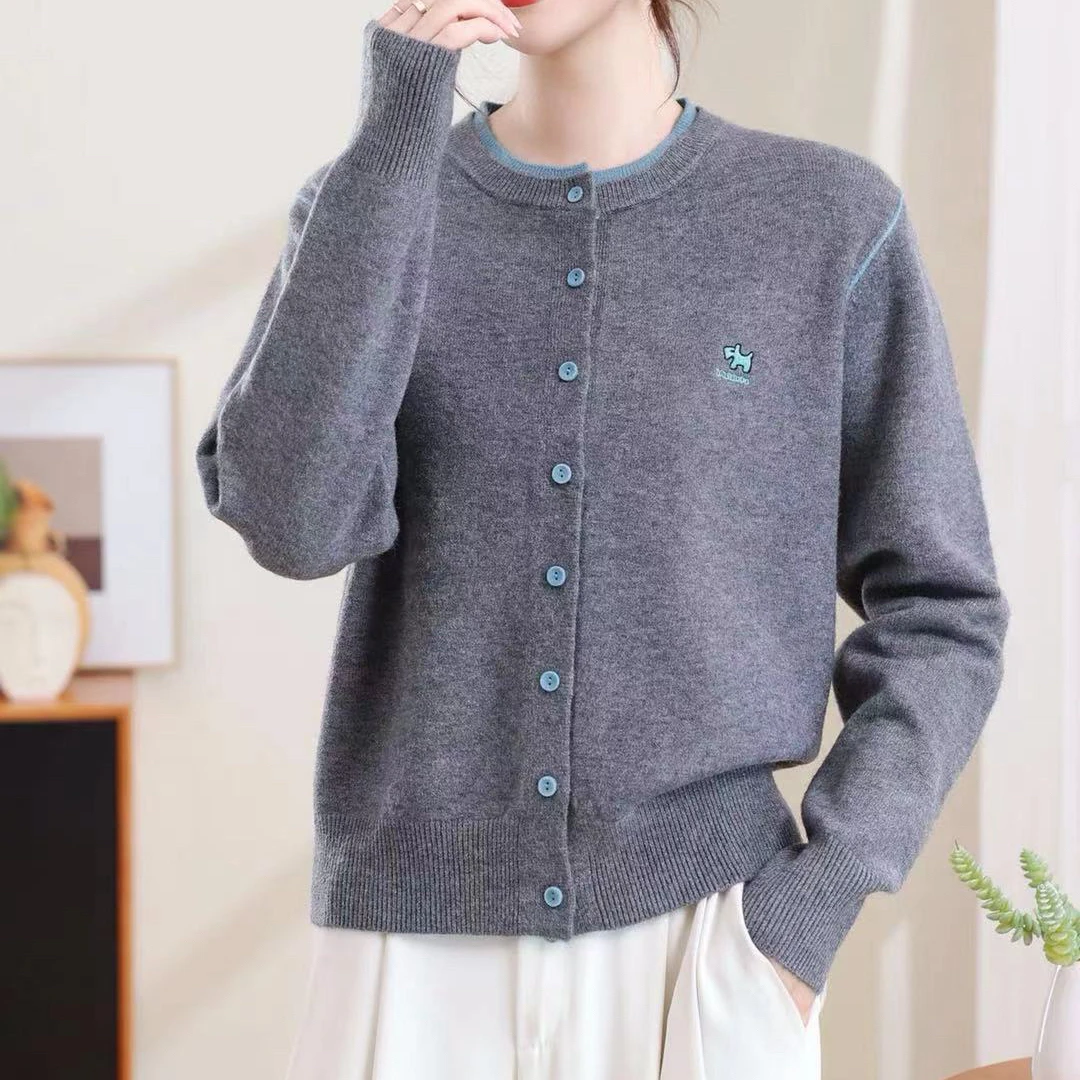 【休闲开衫】撞色针织开衫洋气刺绣2025新款毛衣外套时尚减龄上衣