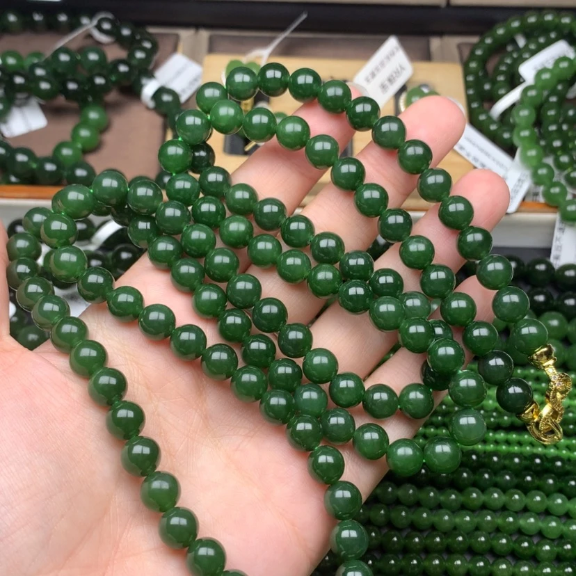 【闪购商品】颈饰未镶嵌和田玉（碧玉）8m菠菜绿无黑点毛衣链108珠