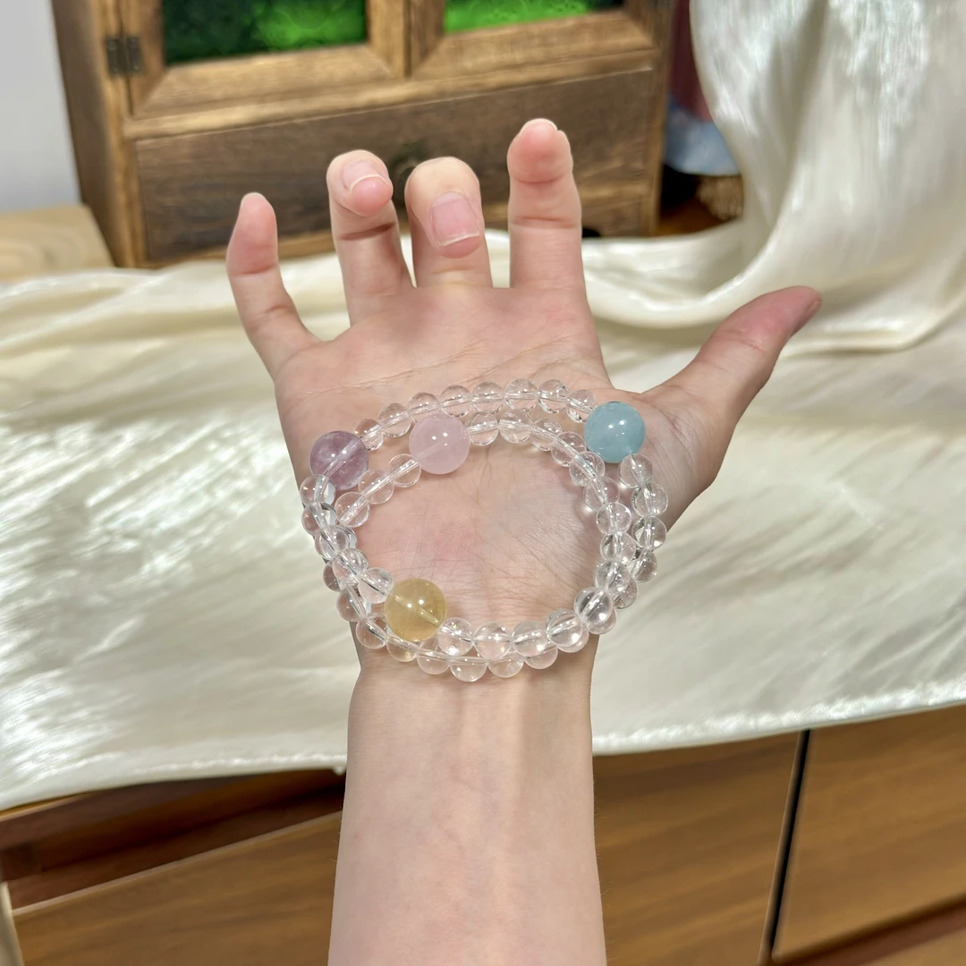 【缤纷】12mm海蓝宝+黄塔晶+粉水晶+紫水晶+7mm白水晶 双圈天然水晶