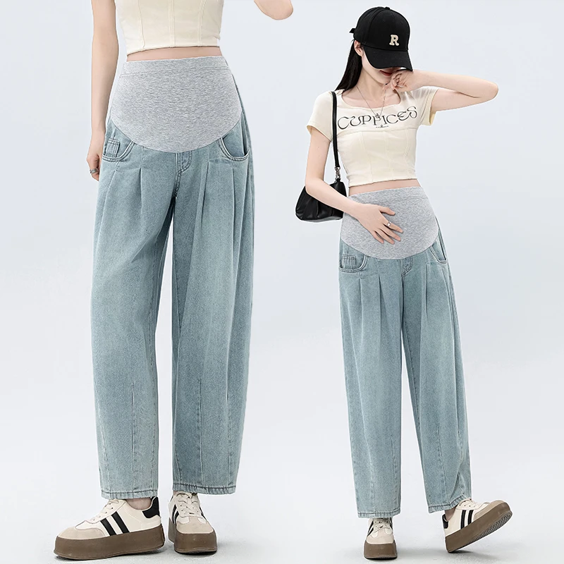 【柔喜家】夏季薄款孕妇哈伦老爹裤裤莱赛尔牛仔裤简约休闲宽松型