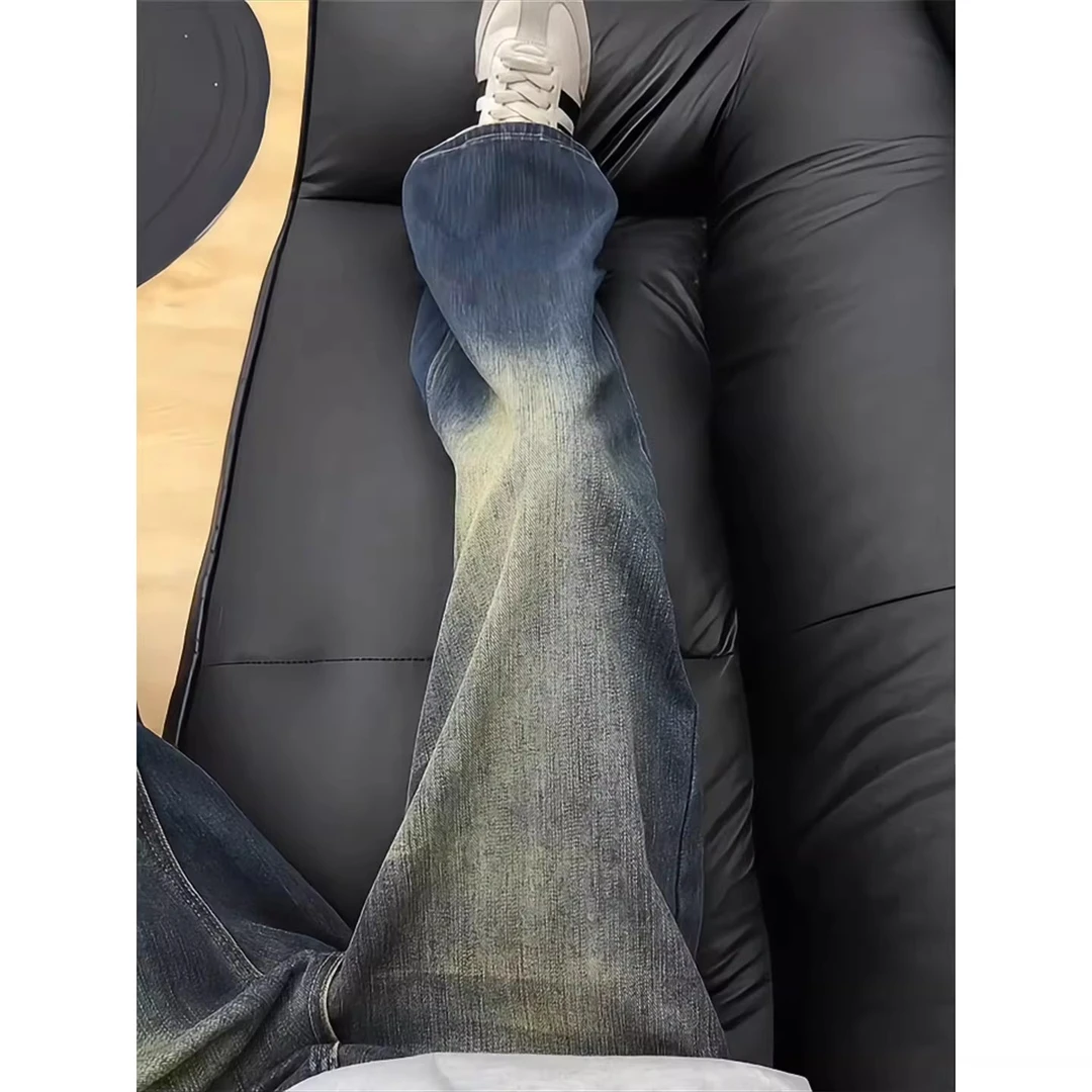 水洗渐变牛仔裤男秋季宽松cleanfit直筒阔腿裤美式复古弯刀休闲裤