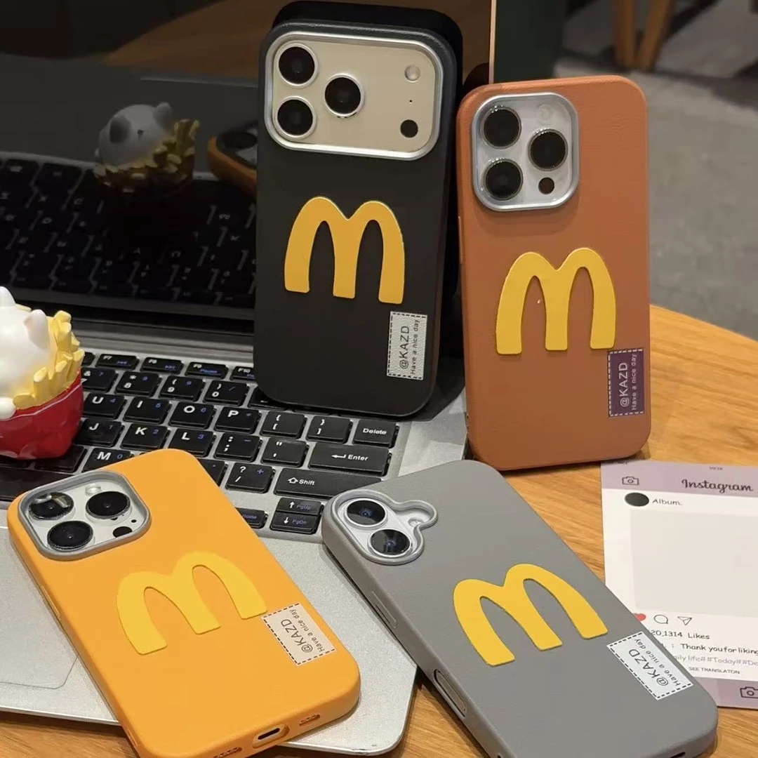 奥菲顿黄M字贴片荔枝纹适用iPhone17/16金属框手机壳苹果15/14/13