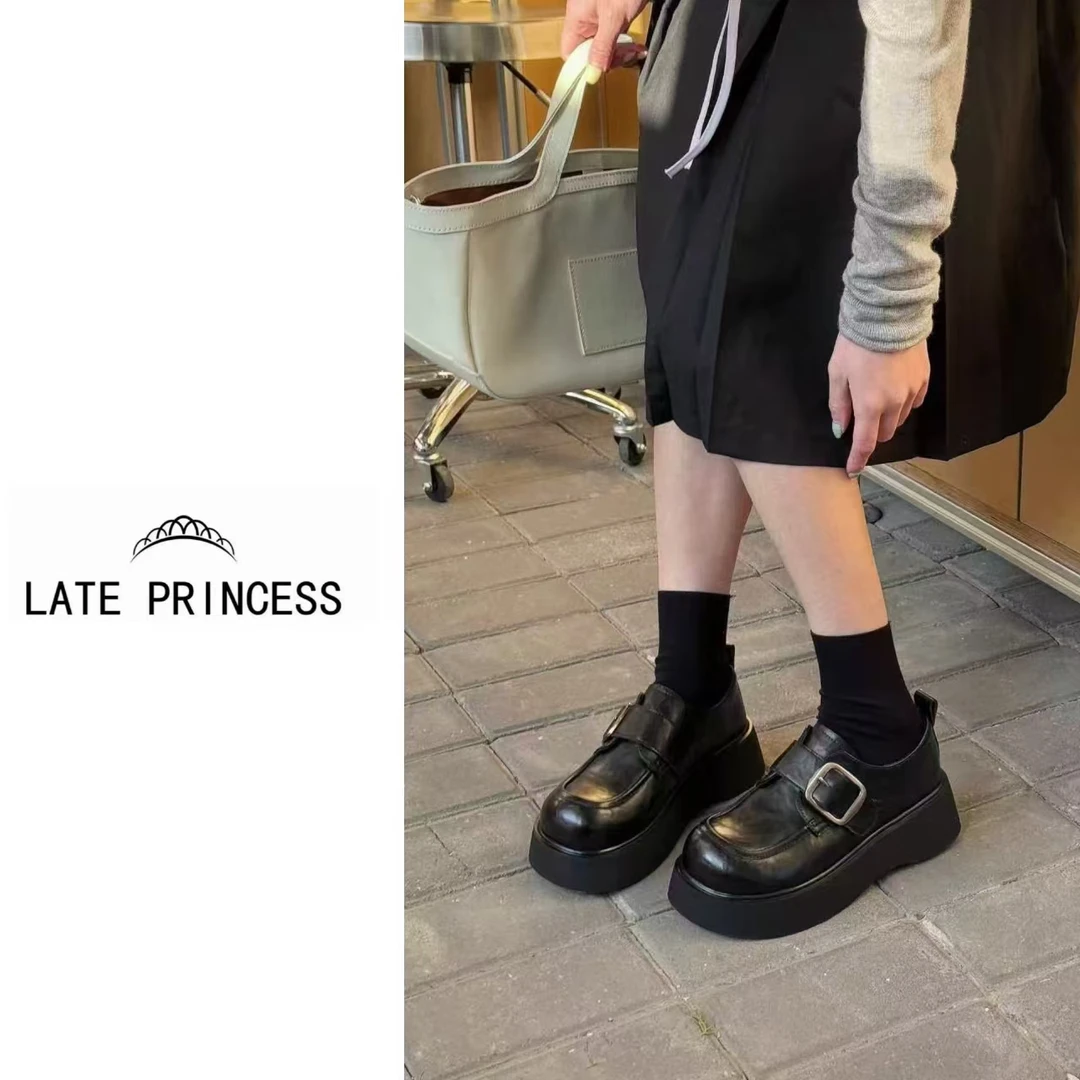 LATE PRINCESS【漫步】厚底乐福鞋女春季单鞋英伦小个子黑色小皮鞋