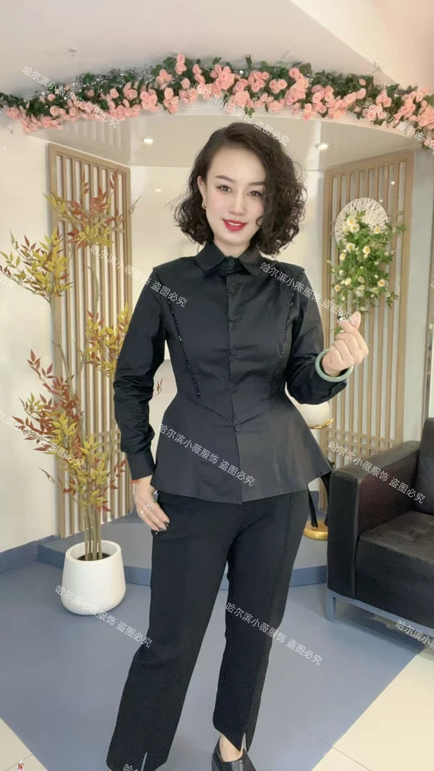 时尚百搭修身显瘦设计感掐褶收腰扉边洋气缝珠纯色长袖衬衫L801