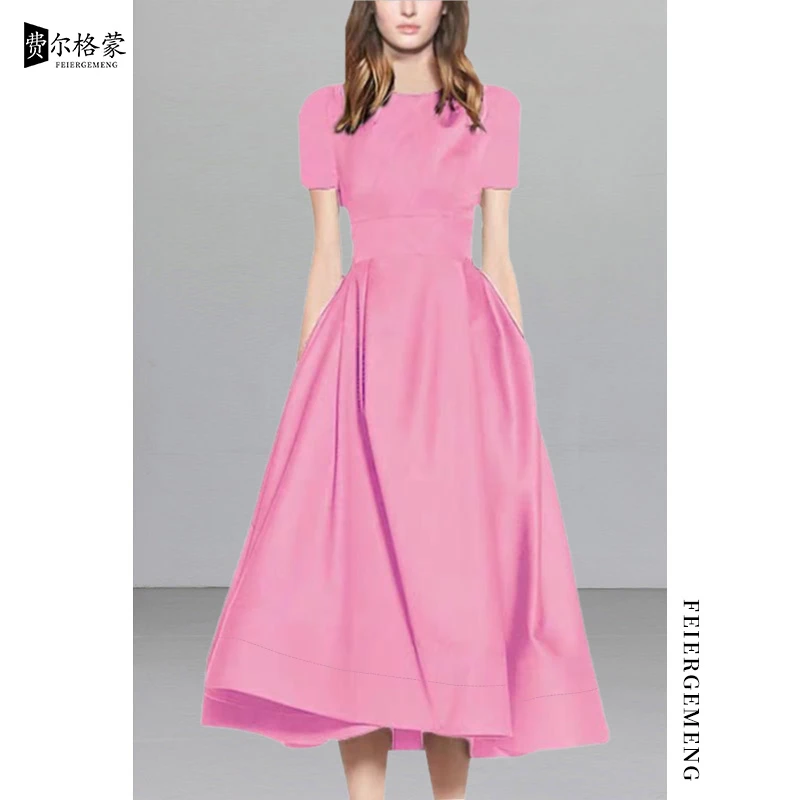 赫本风连衣裙裙子夏季新款高贵粉色礼服大裙摆修身中长裙过膝显瘦