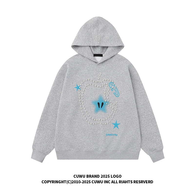 cuwu美式复古潮牌苹果钉珠烫钻连帽卫衣女男秋季宽松百搭情侣帽衫