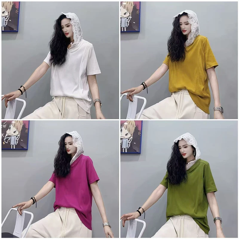 2025新款蕾丝连帽短袖T恤女时尚经典百搭宽松显瘦上衣t恤-25036