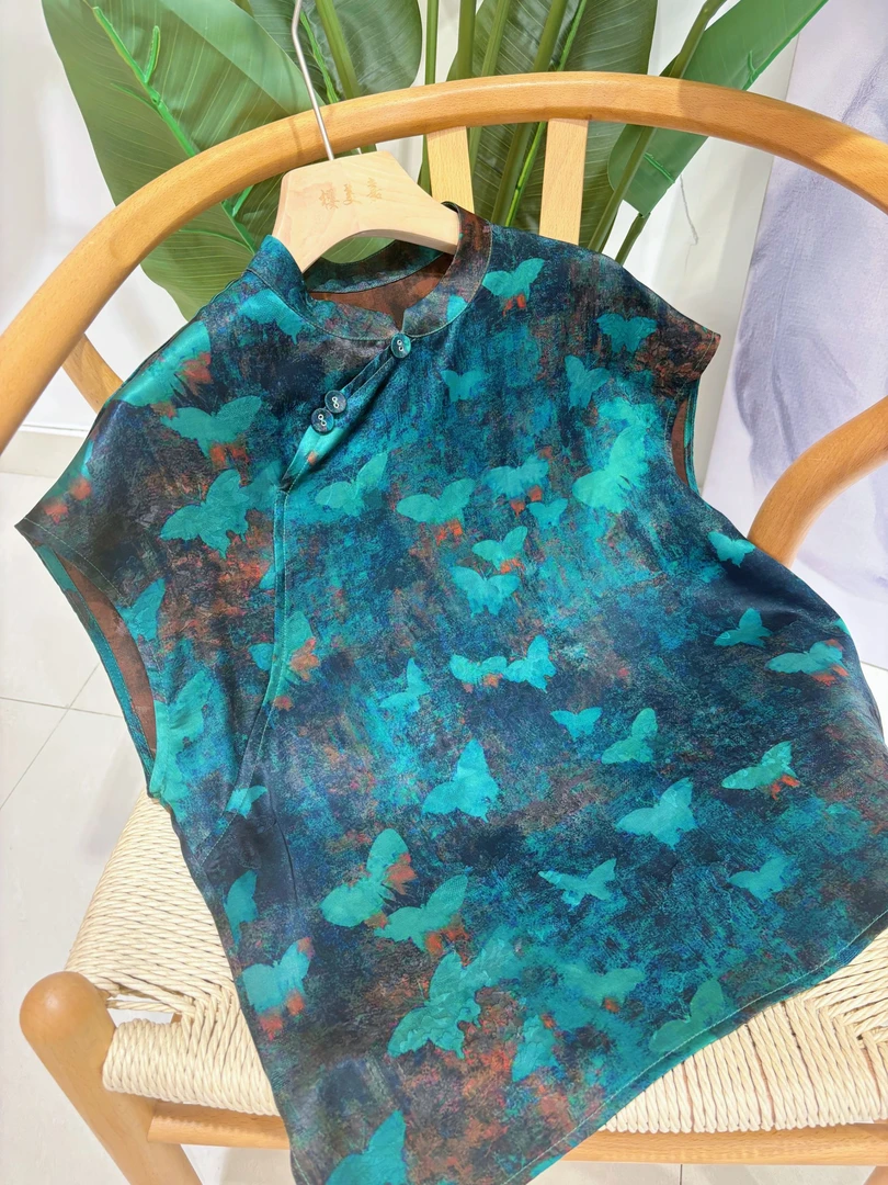 DY2599樱美嘉100桑蚕丝香云纱真丝新中式斜襟立领真丝提夏季短袖