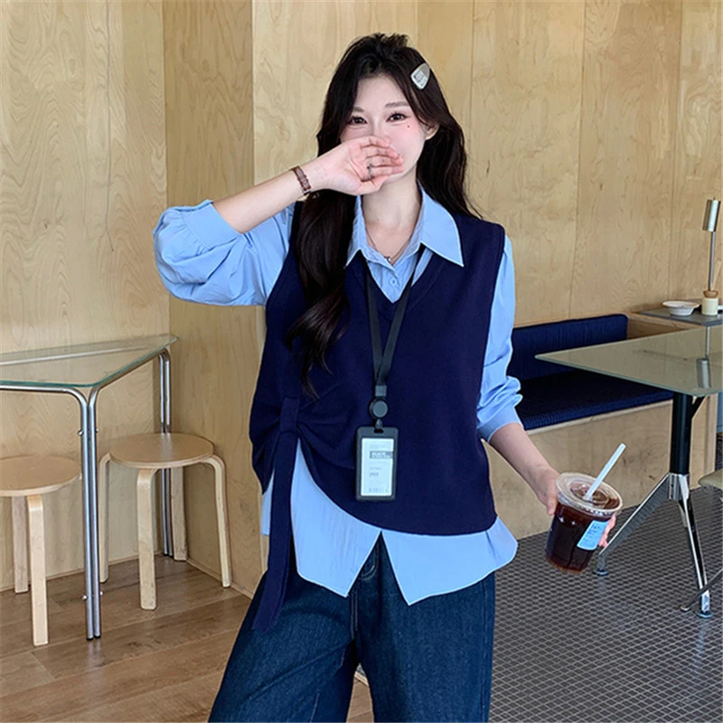 大码学院风气质衬衫女春秋季新款胖mm减龄针织马甲背心衬衣两件套