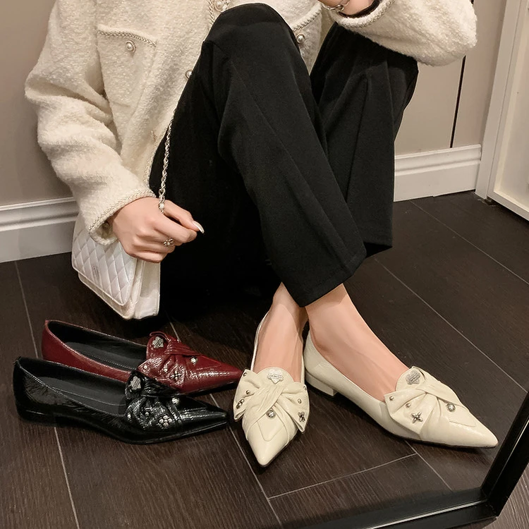 【雨嘉】2.5CM时尚气质款真皮蝴蝶结单鞋女新款百搭软底平底懒人鞋