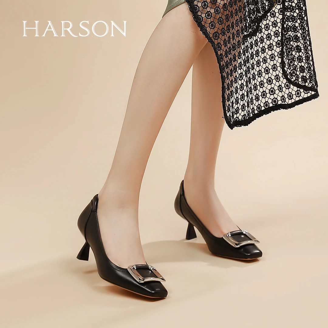 2025春季新款羊皮方头时装单鞋方扣浅口高跟鞋通勤女鞋 HWS250132