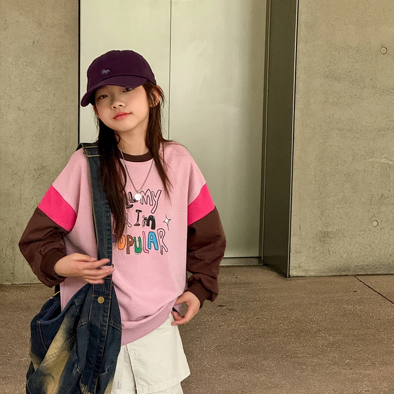 女童卫衣秋季2024新款撞色拼接涂鸦印花休闲百搭童装上衣SY570