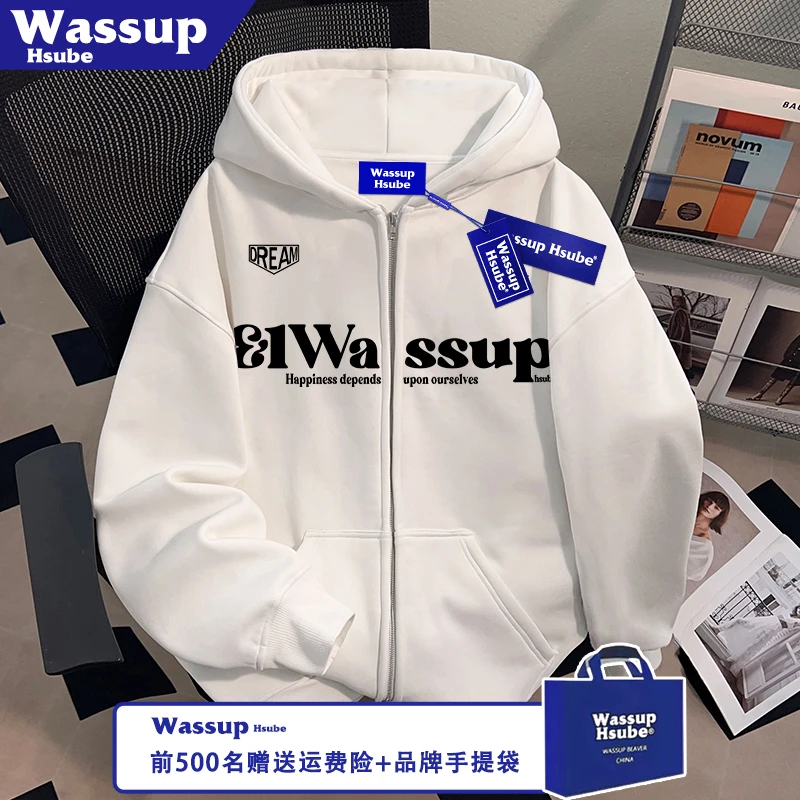 WASSUP HSUBE秋冬季男女款开衫街头英文印花外套拉链连帽白色卫衣