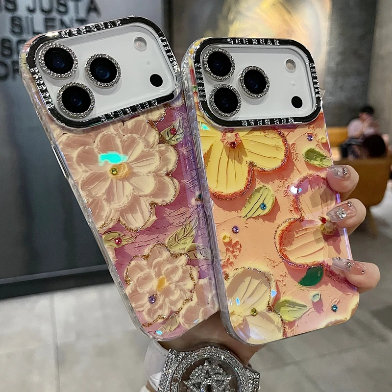 适用苹果系列iPhone17新款手机壳15prom小众粉黄花闪砖电镀镜头膜