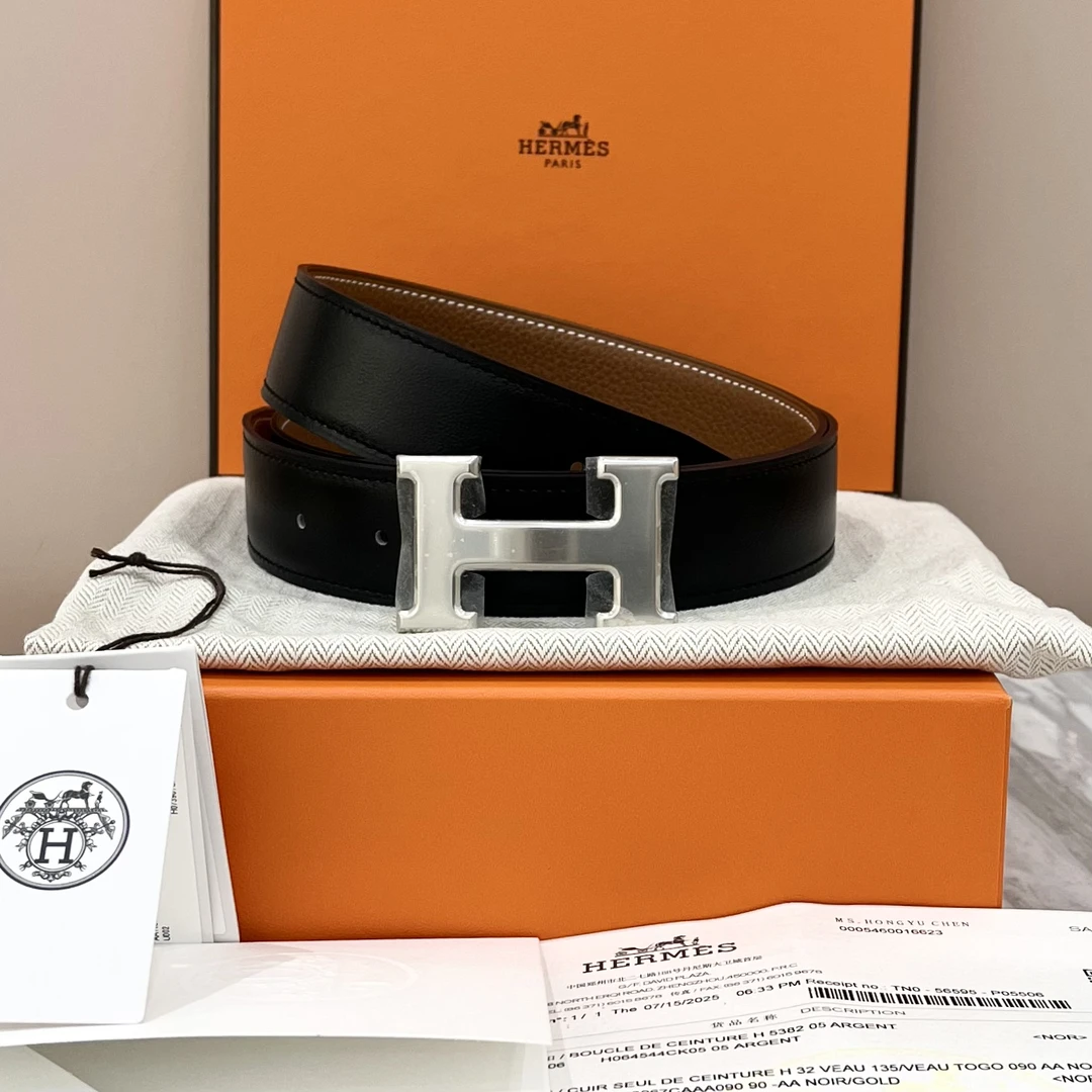 未使用 Hermes/爱马仕 银色头H黑/棕双面腰带90码25年票宽约3.2cm