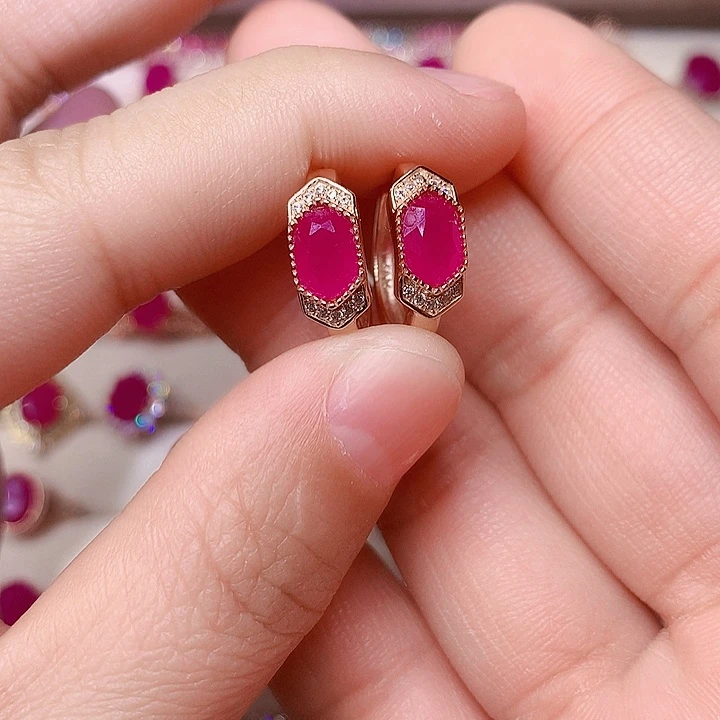 红宝石耳饰银S925镶嵌