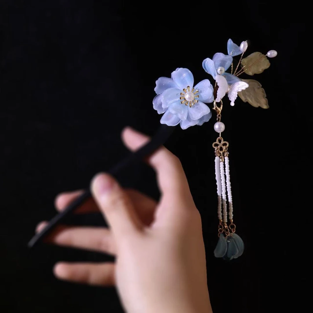 恬奇家a754“天空蓝花”高定流苏木质发簪清新森系夏季新款手工原创