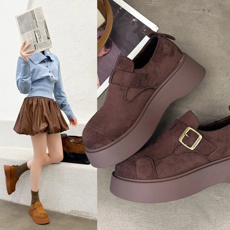 焦糖布丁~金属搭扣百搭圆头加绒厚底勃肯鞋S859