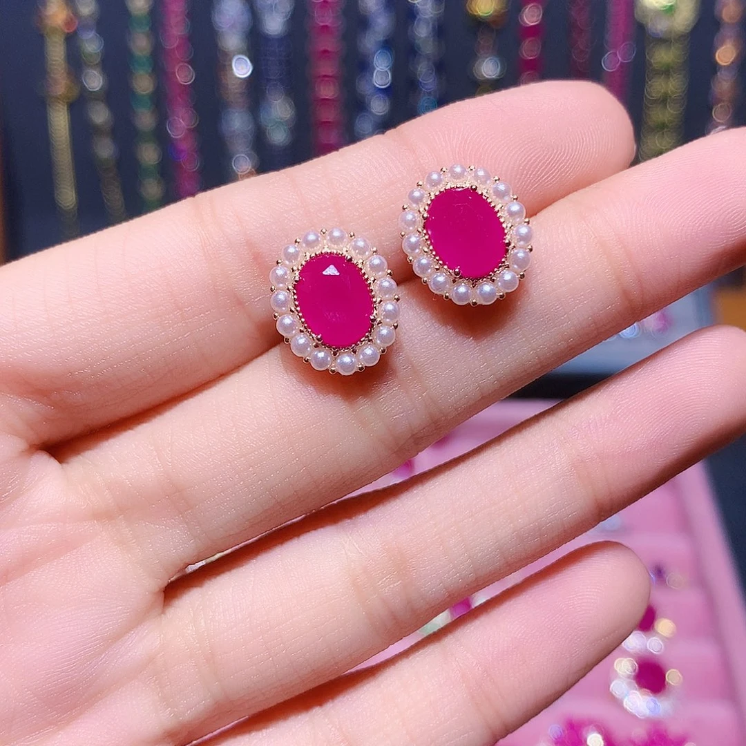 红宝石耳饰银S925镶嵌