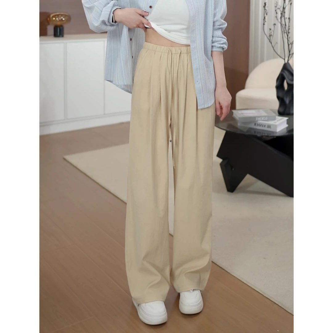 夏季轻薄阔腿砂洗棉裤子防晒宽松拖地百搭纯色透气