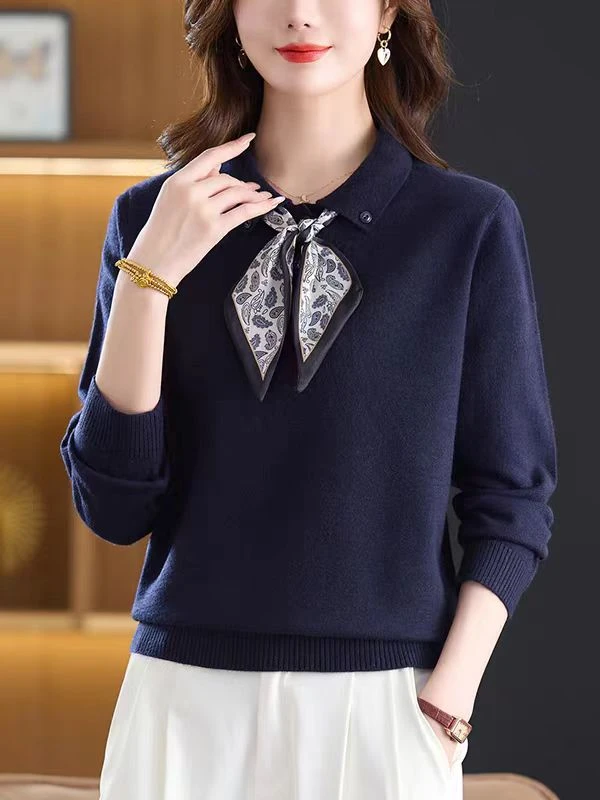 polo领春秋新款针织上衣女洋气妈妈装内搭外穿宽松小衫6878