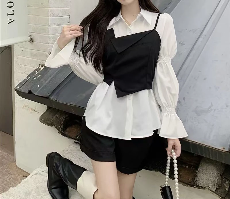 大码女装时髦不规则黑色吊带背心白色泡泡袖衬衫女炸街套装2318