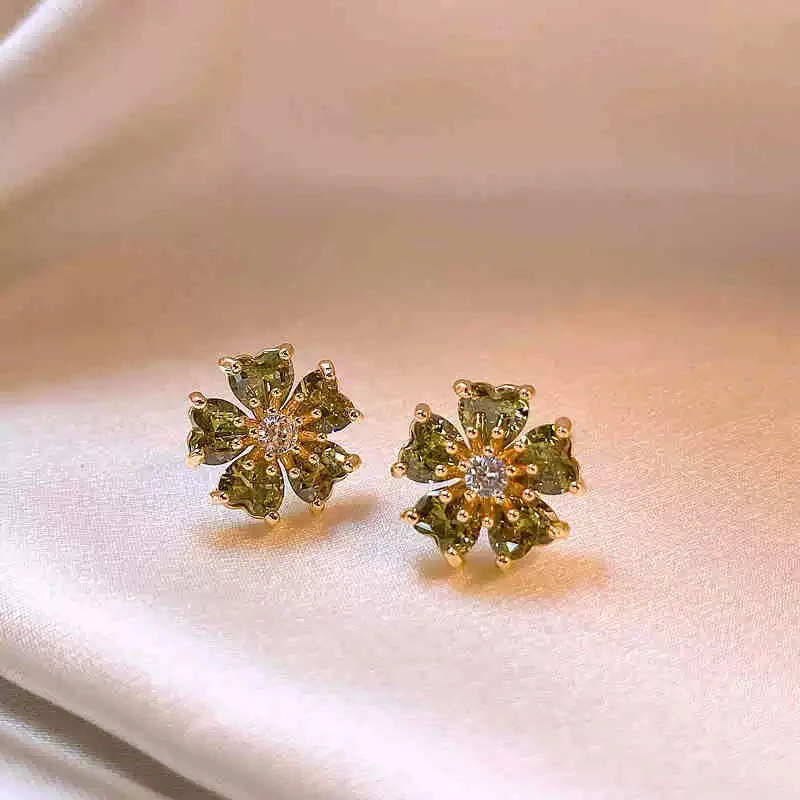 合金耳饰 森系绿色简约金色女植物花卉耳钉优雅素款精致饰品