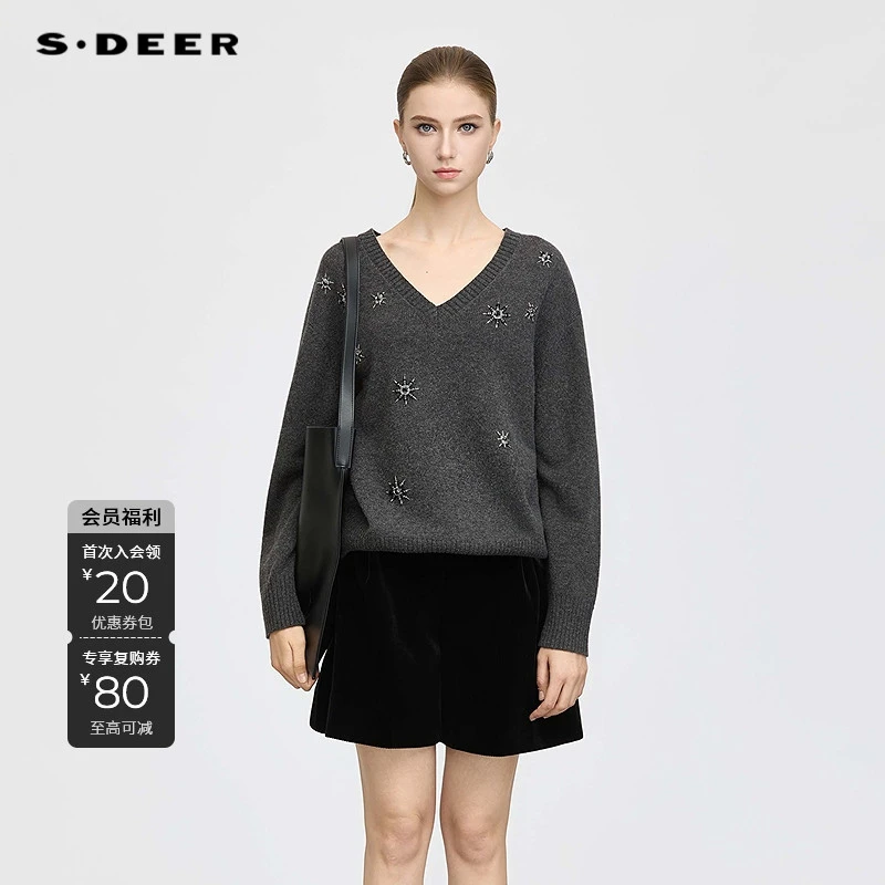 S·DEER百搭长袖时尚设计师V领秋冬套头针织衫S25363506