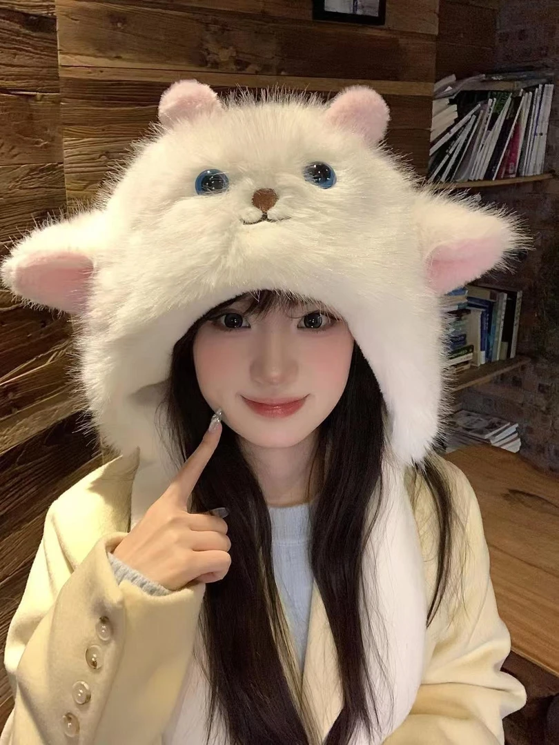 捏耳小羊冬季网红卡通加绒加厚毛线帽子女保暖捏捏耳朵会动防寒