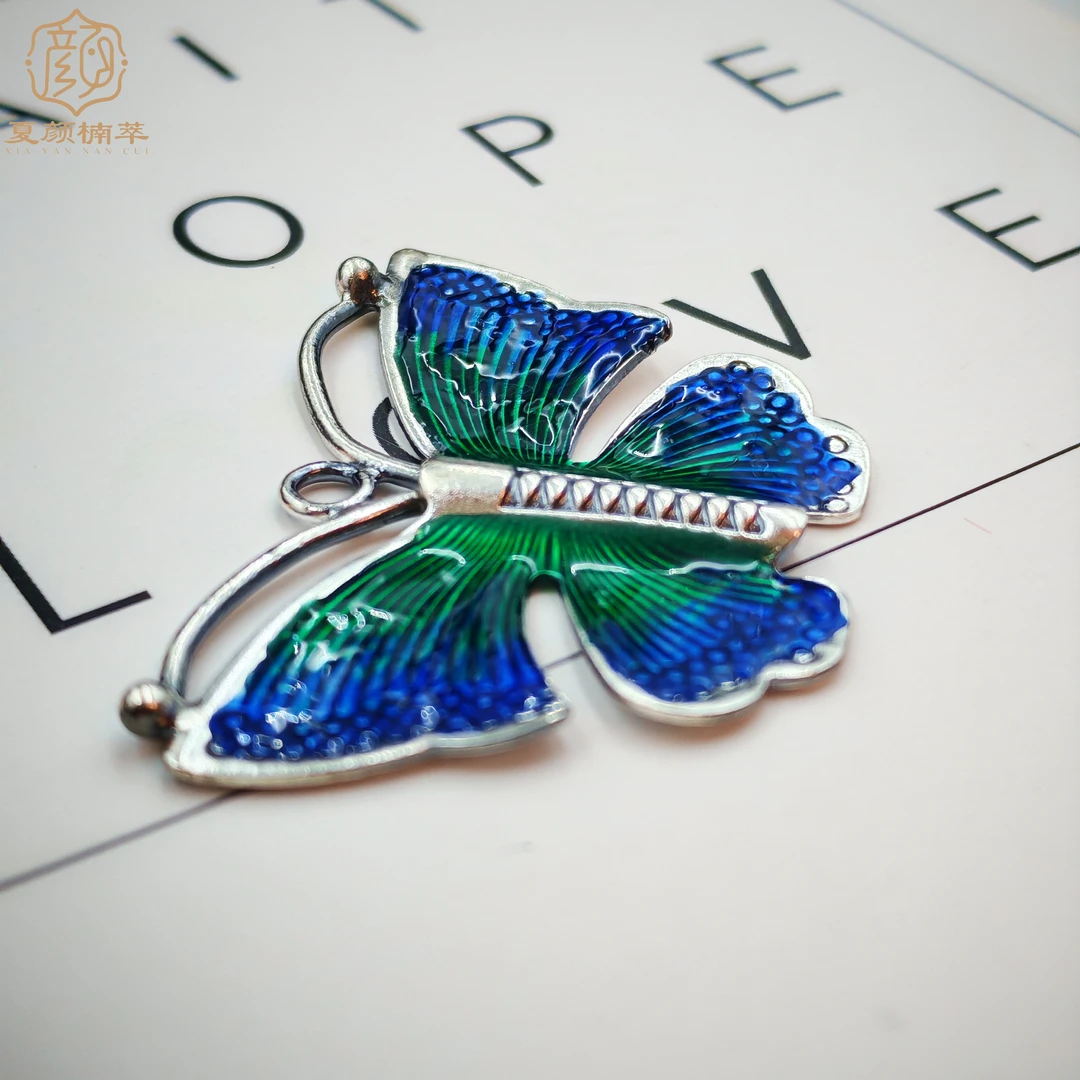 吊坠足银珐琅 【夏颜楠萃】足银999 珐琅彩蓝蝴蝶吊坠 时尚 新款