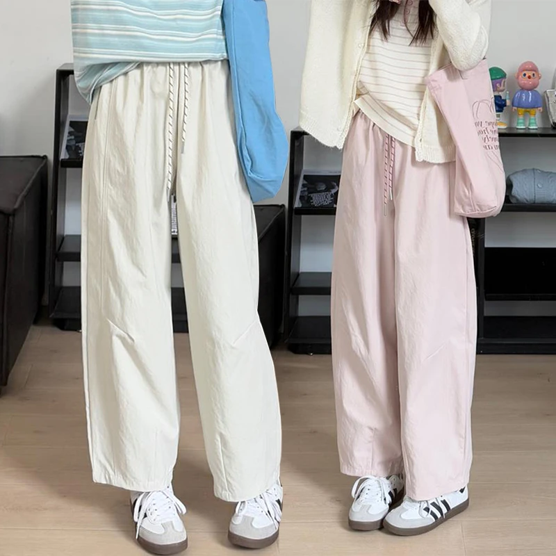 夏季粉色出行百搭休闲裤九分裤女新款松紧高腰阔腿裤宽松灯泡裤