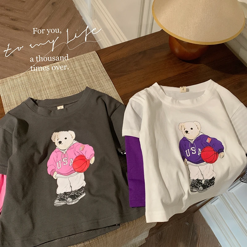 韩版女童春秋款袖口拼接卡通小熊条纹上衣21C087 9