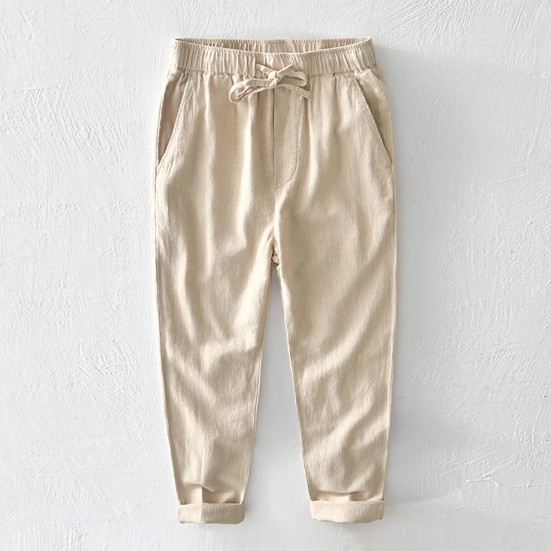 棉麻九分裤长裤直筒松紧腰休闲男苎麻2025夏季中式宽松薄款透气裤