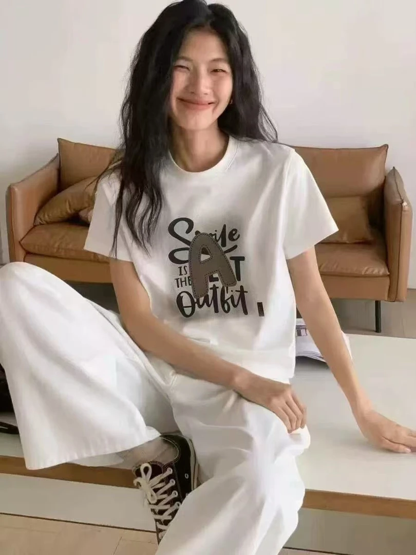 589夏季新款时尚印花字母宽松圆领百搭显瘦简约短袖T恤女白